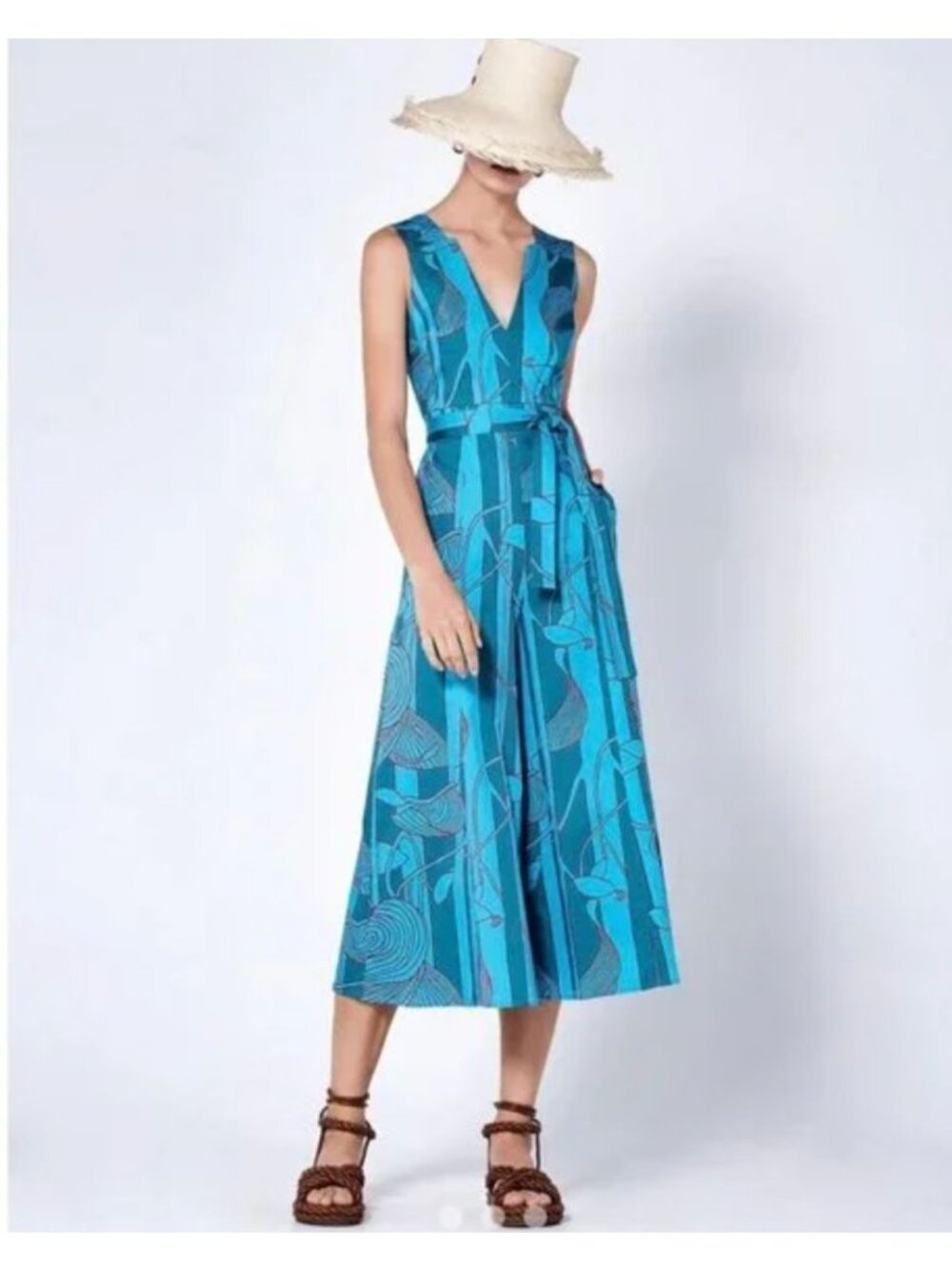 Alexis Cerelia Abstract Floral Jumpsuit Blue Green Wide Leg Cropped Sleeveless S